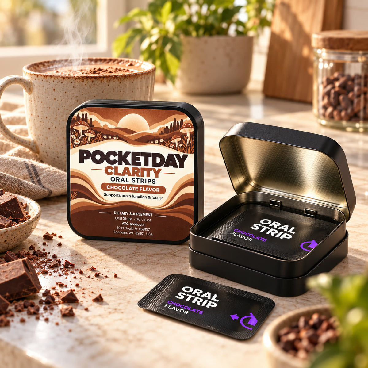 Pocketday Clarity chocolate mushroom oral strips tin next to hot cocoa