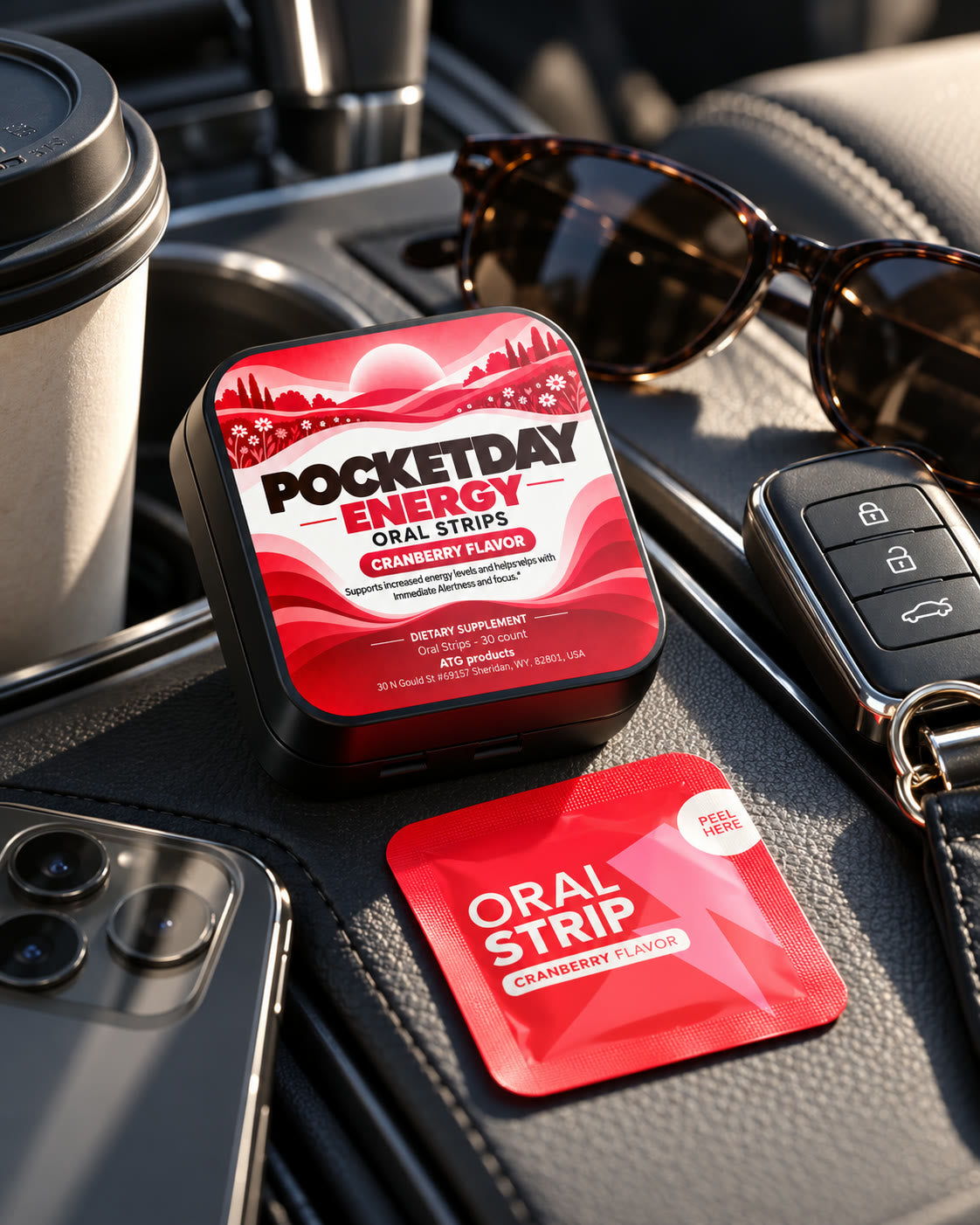 Pocketday Energy oral strips tin, cranberry flavor, on a car console next to a coffee cup and keys