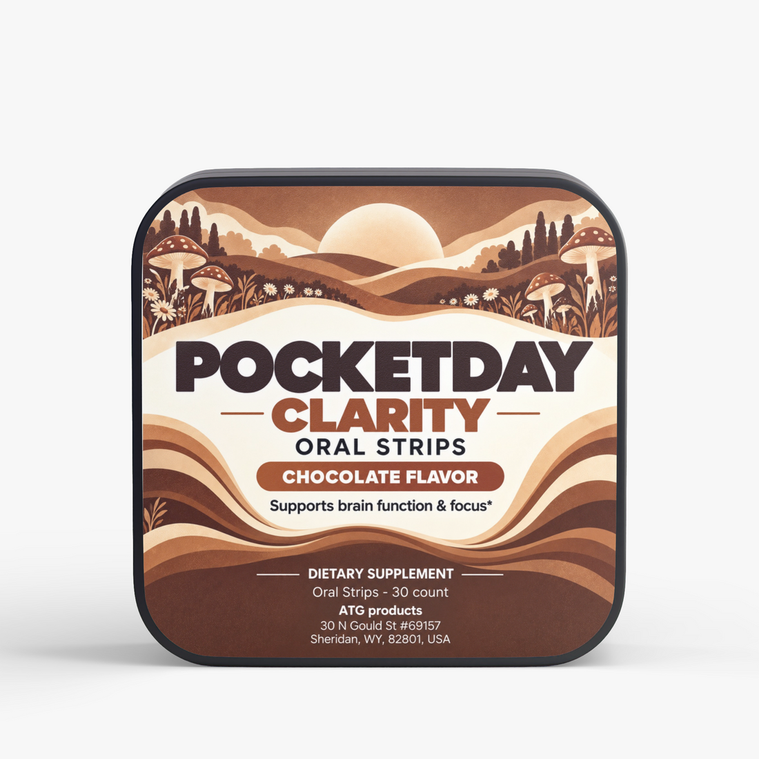 Pocketday Clarity Strips, chocolate lion's mane and cordyceps mushroom dissolvable strips, 30 per tin
