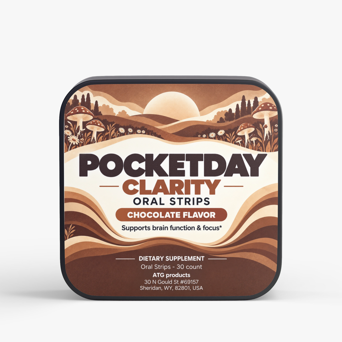 Pocketday Clarity Strips, chocolate lion's mane and cordyceps mushroom dissolvable strips, 30 per tin