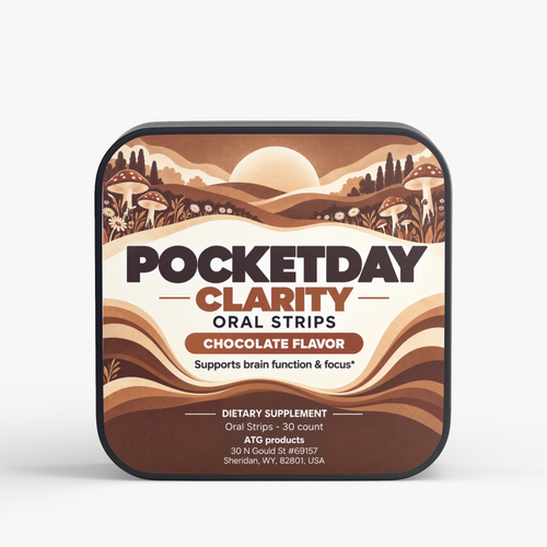 Pocketday Clarity Strips, chocolate lion's mane and cordyceps mushroom dissolvable strips, 30 per tin