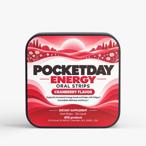 Pocketday Energy Strips, cranberry caffeine and L-theanine dissolvable strips, 30 per tin