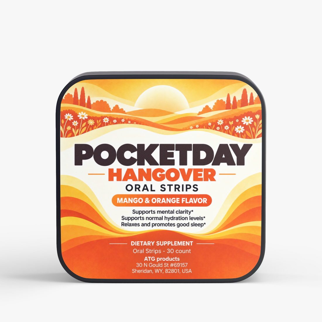 Pocketday Hangover Strips, mango-orange Ayurvedic herbal dissolvable strips, 30 per tin