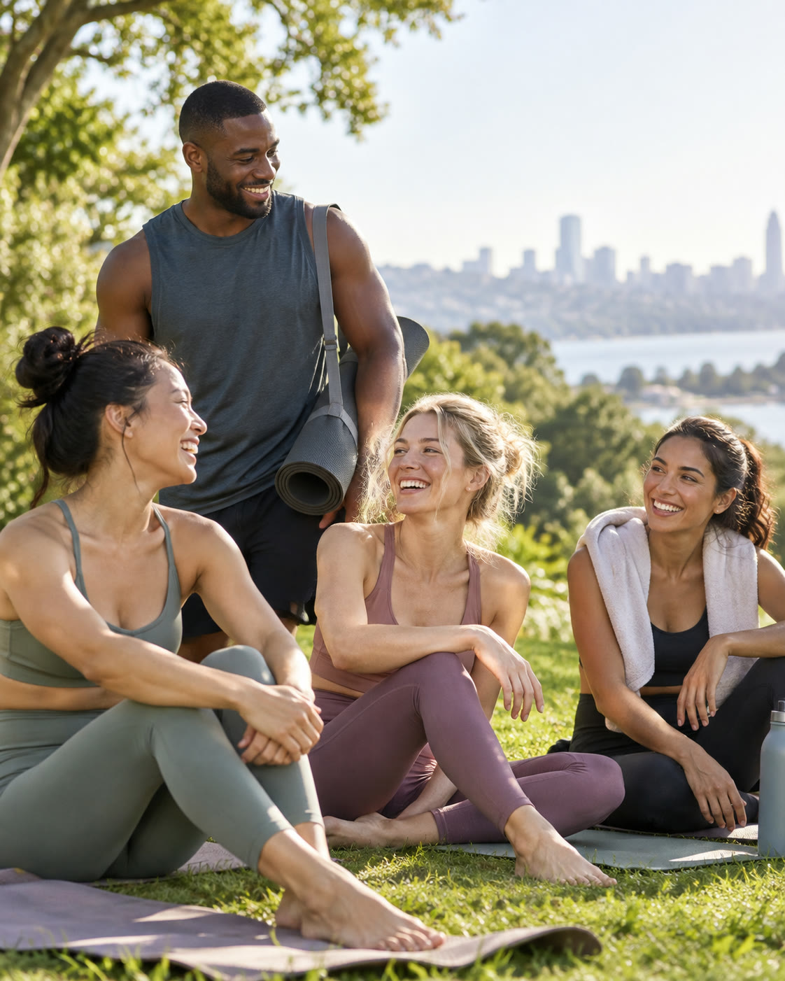 Friends relaxing on yoga mats in a park after an outdoor workout